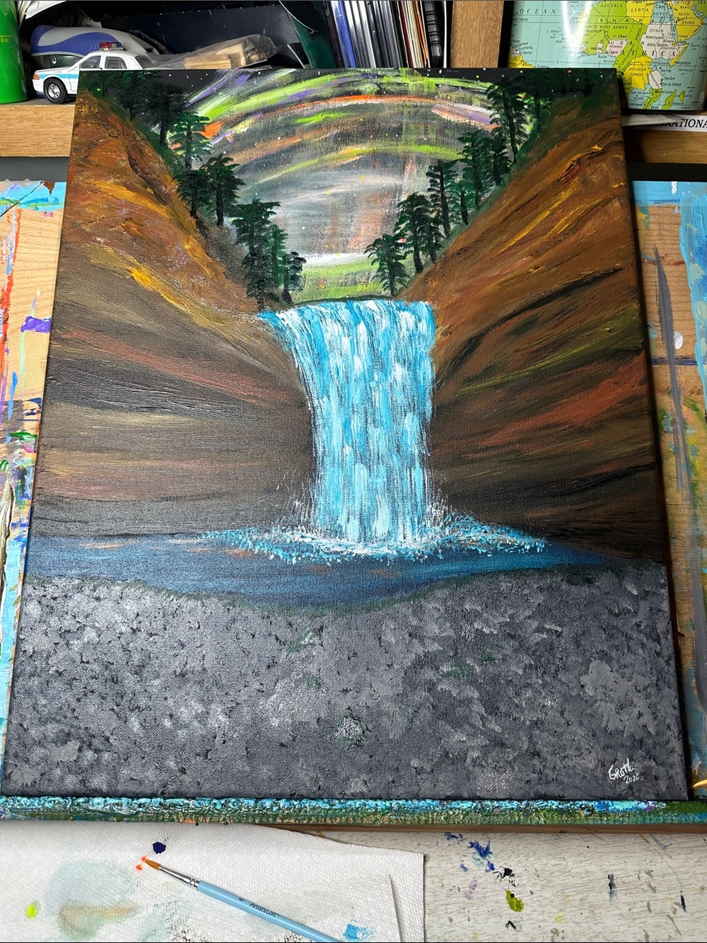 Original Waterfall Canvas Painting in Blue, Brown and Green